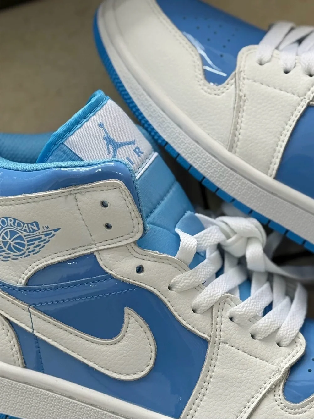 Jordan White and Bright Blue Retro High-Top Sneakers